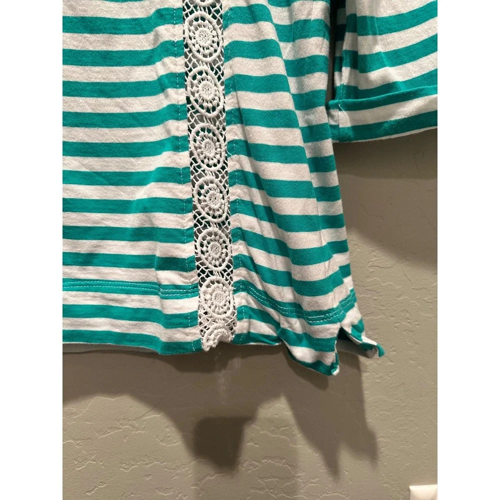 WoolOvers‎ Lace Insert 3/4 Sleeve Tee Shirt Jade White Stripe Size Small Cotton